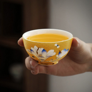 Yellow ceramic magnolia tea bowl 110ml product main view