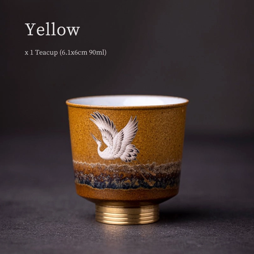 yellow color red crane chinese ceramic tea cup