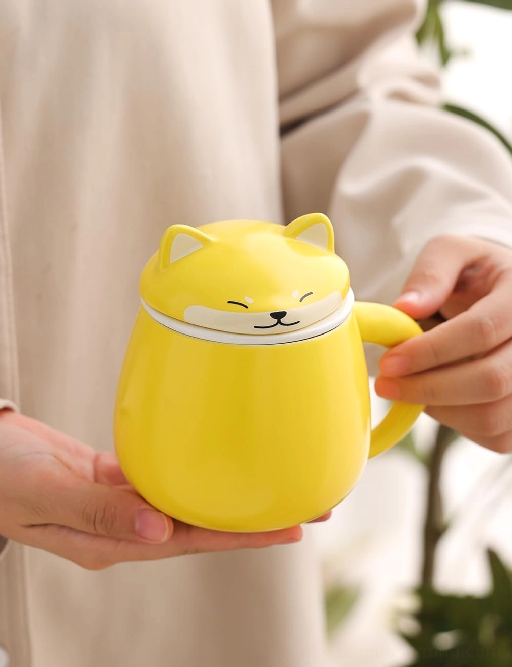 Yellow Shiba Inu ceramic tea infuser mug with matching Shiba Inu lid