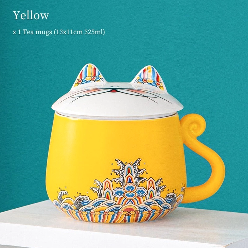 yellow variant cat ceramic tea infuser mug with lid and infuser
