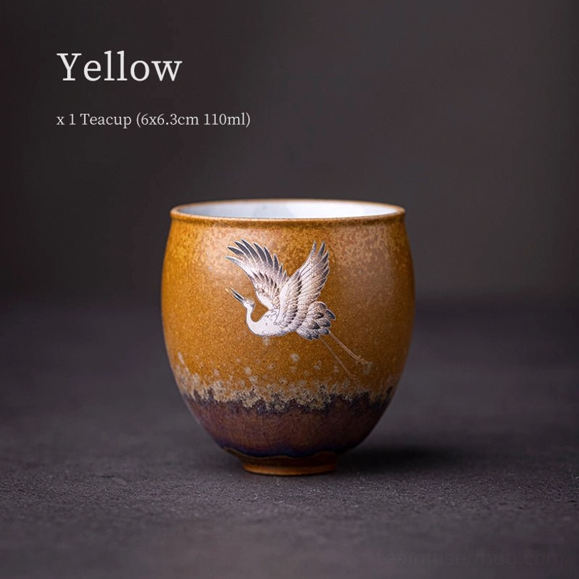 full view of yellow vintage chinese ceramic crane tea cup 110ml