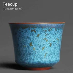 Front view of Yuzhou Jun Kiln turquoise Chinese ceramic tea cup 115ml