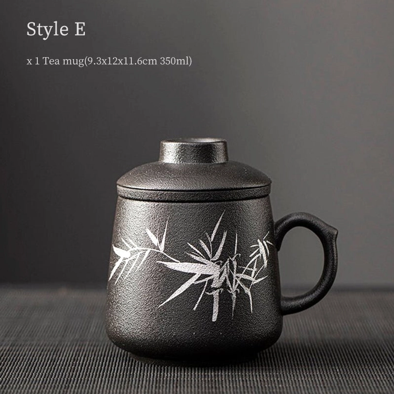 zen figure design matte black ceramic tea infuser mug with traditional chinese painting
